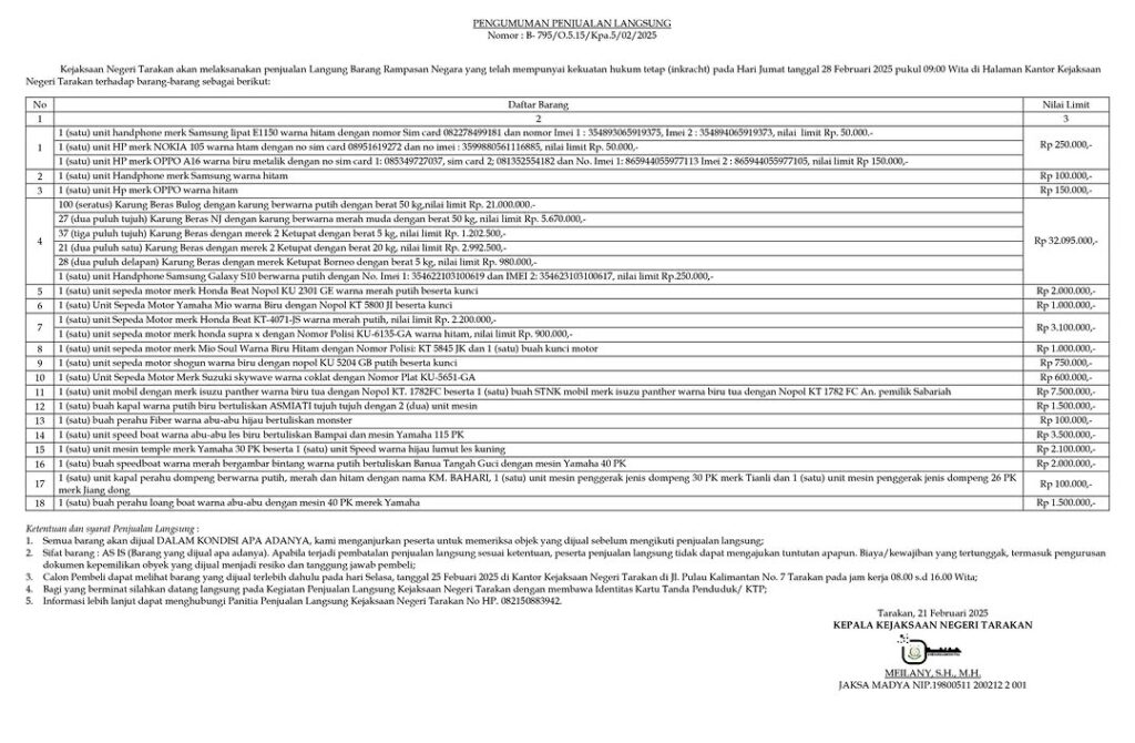 PENGUMUMAN PENJUALAN LANGSUNG